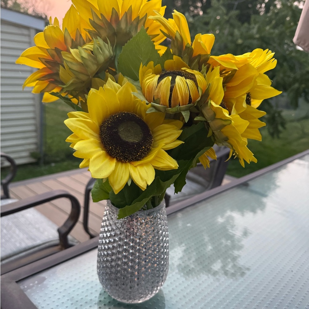 Yellow Faux Sunflower Arrangement in Textured Glass Vase